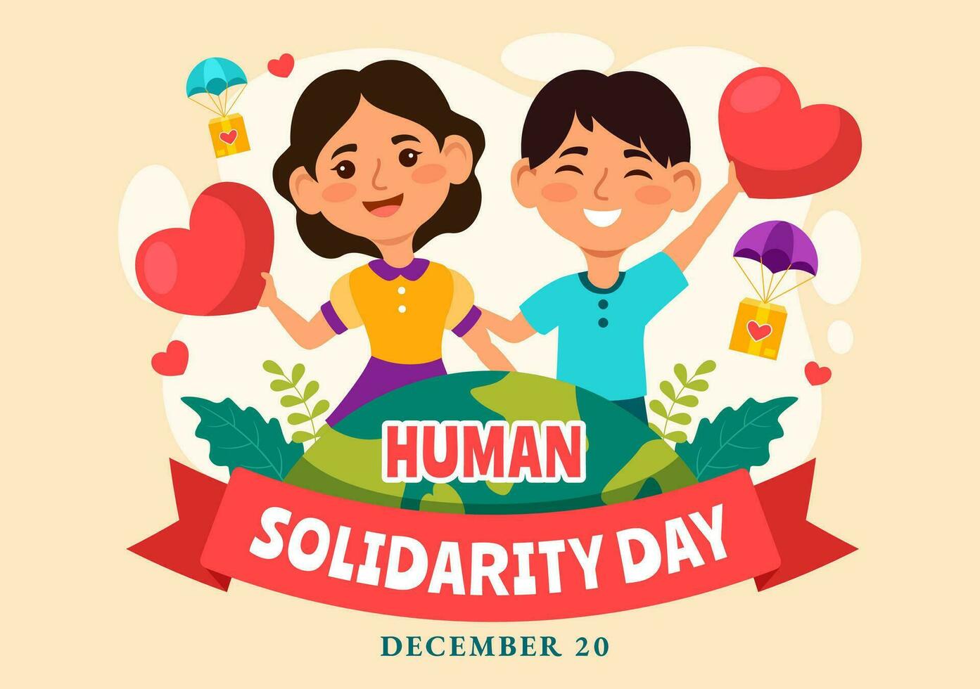 internacional humano solidariedade dia vetor ilustração em dezembro 20 com terra, mãos e amor para pessoas Socorro pessoa dentro crianças desenho animado fundo