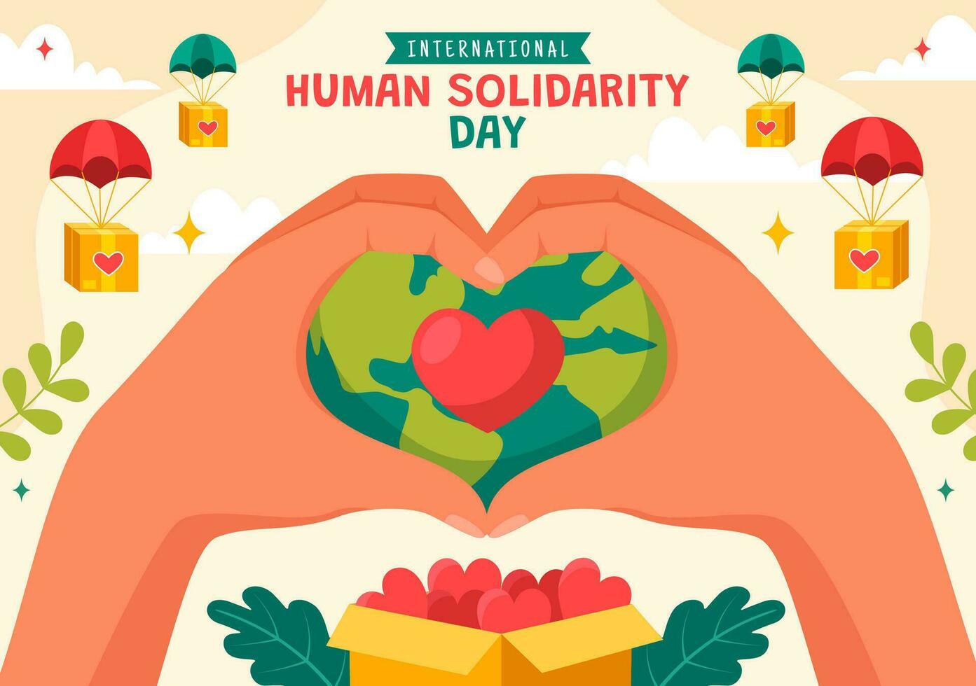 internacional humano solidariedade dia vetor ilustração em dezembro 20 com terra, mãos e amor para pessoas Socorro pessoa dentro plano desenho animado fundo