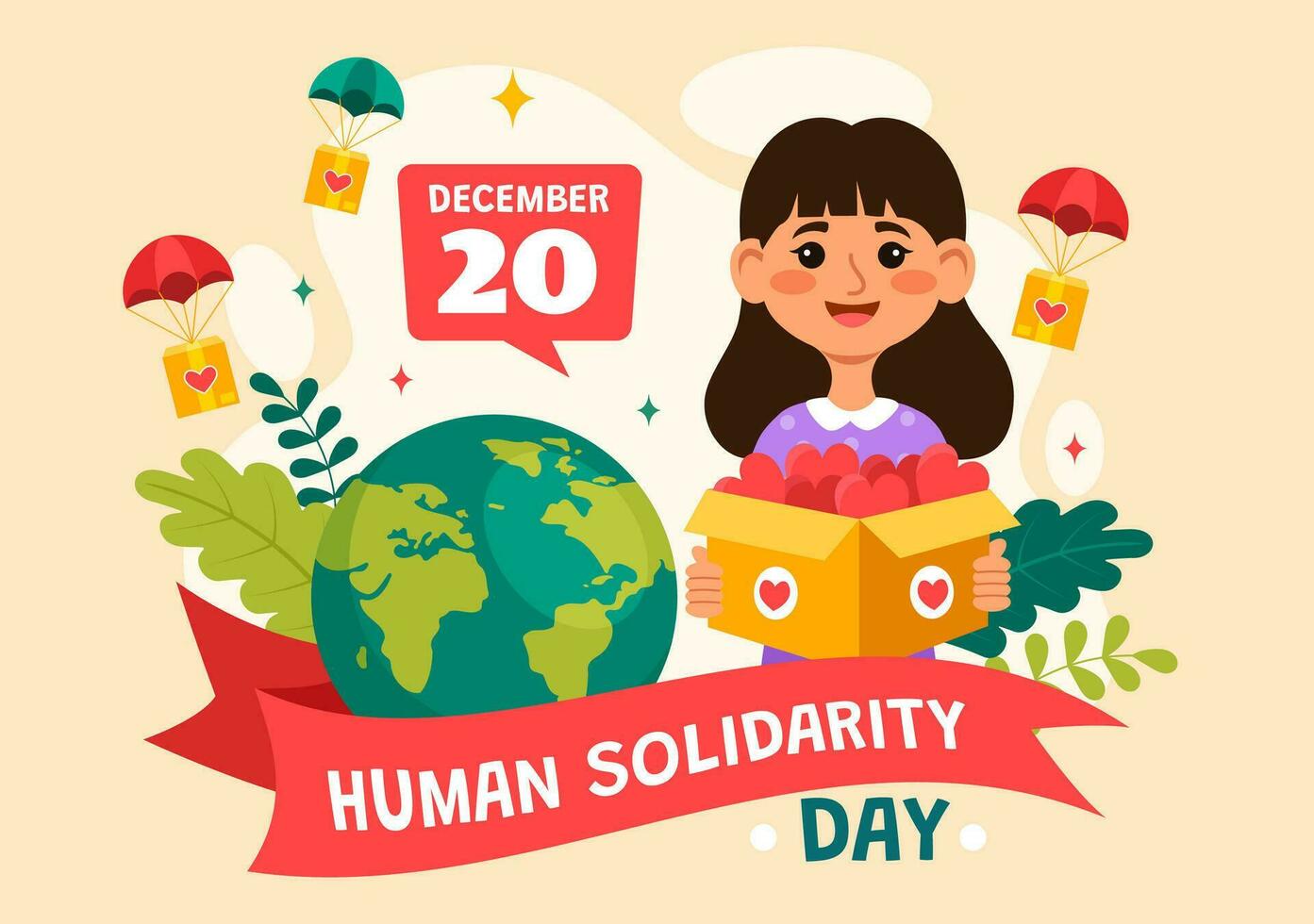 internacional humano solidariedade dia vetor ilustração em dezembro 20 com terra, mãos e amor para pessoas Socorro pessoa dentro crianças desenho animado fundo