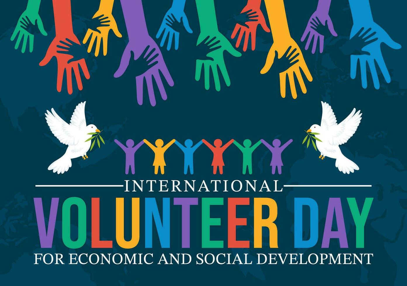 internacional voluntário dia para econômico e social desenvolvimento vetor ilustração em dezembro 5 com mãos e pombos dentro plano desenho animado fundo