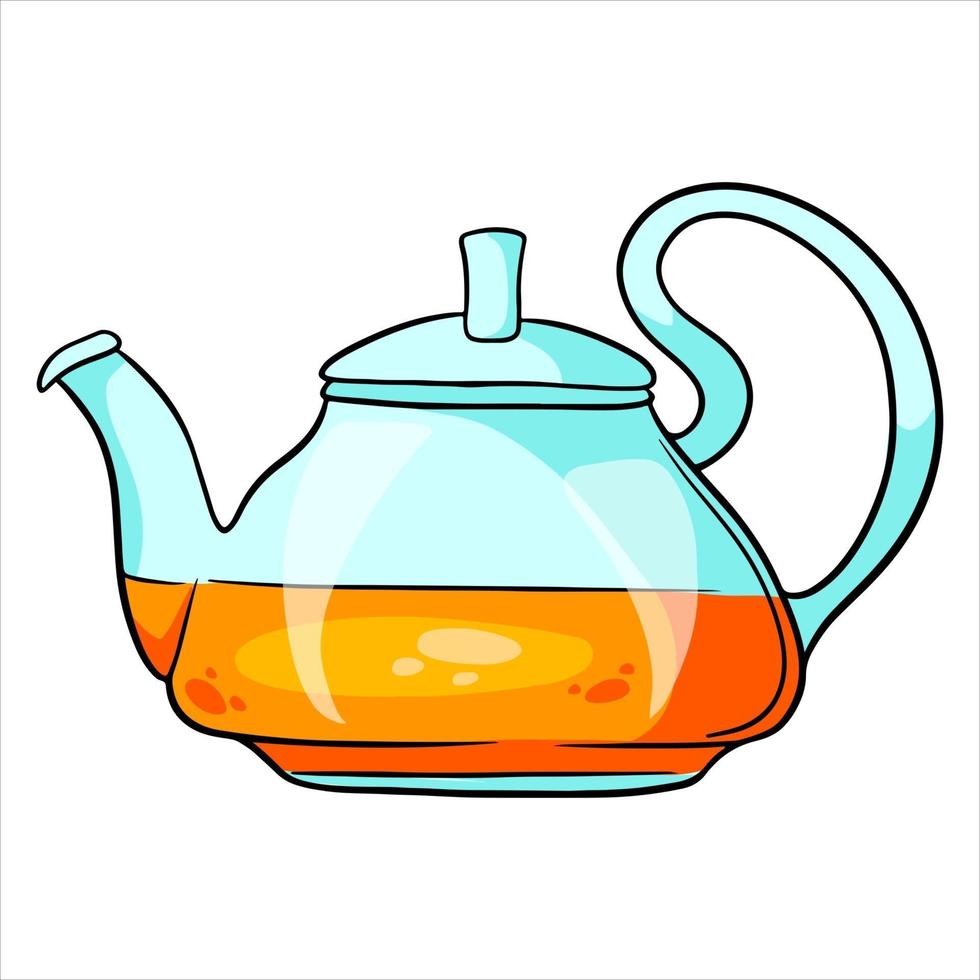 café da manhã. chá quente de ervas com um bule de vidro. estilo de desenho animado. vetor