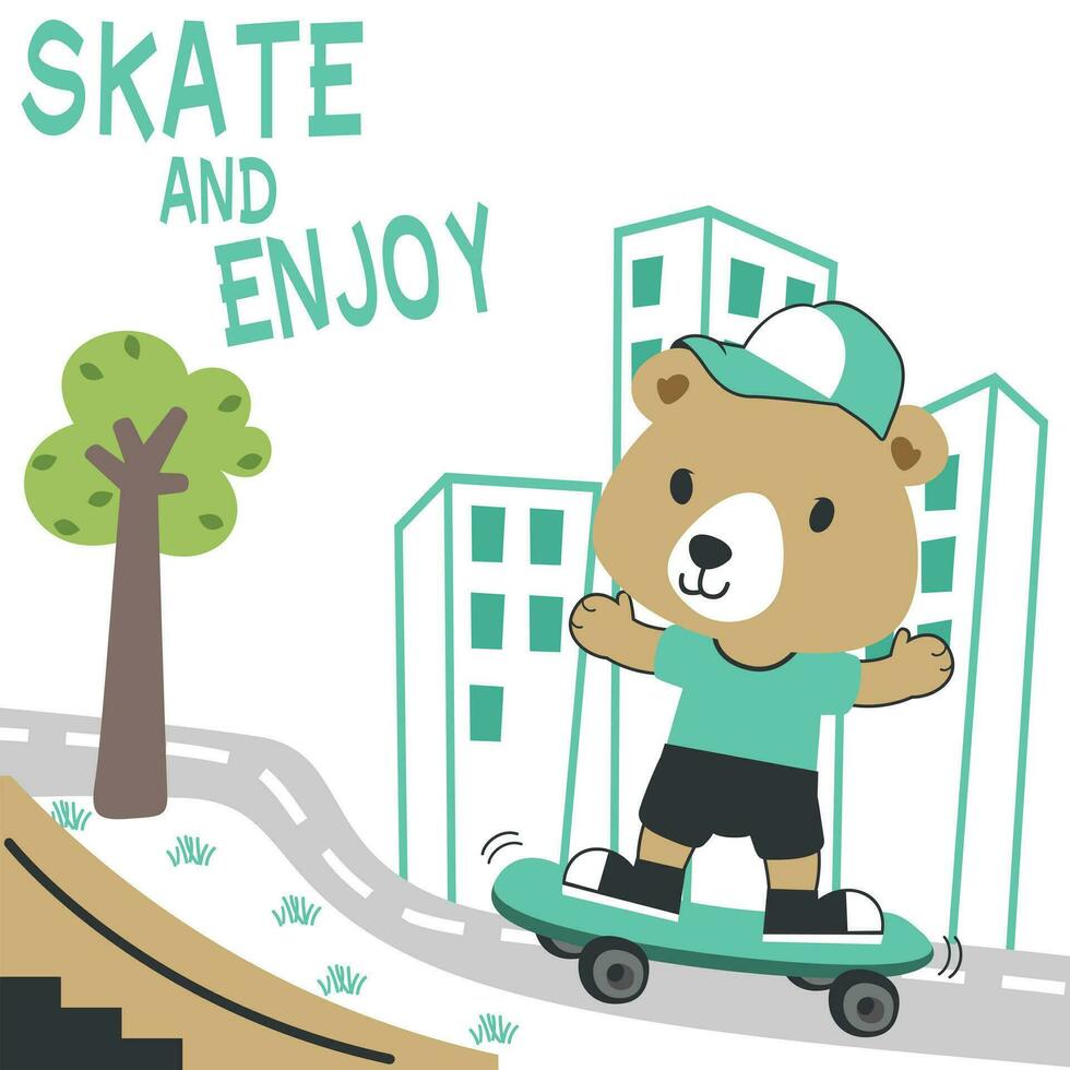 fofa desenho animado personagem Urso skatista. vetor impressão com fofa leão em uma skate. pode estar usava para camiseta imprimir, crianças vestem moda projeto, tecido têxtil, berçário papel de parede e de outros decoração.