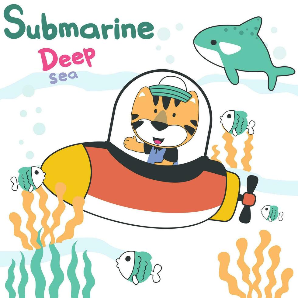 mergulho com engraçado Urso dirigindo submarino. criativo vetor infantil fundo para tecido, têxtil, berçário papel de parede, poster, cartão, folheto. vetor ilustração fundo.