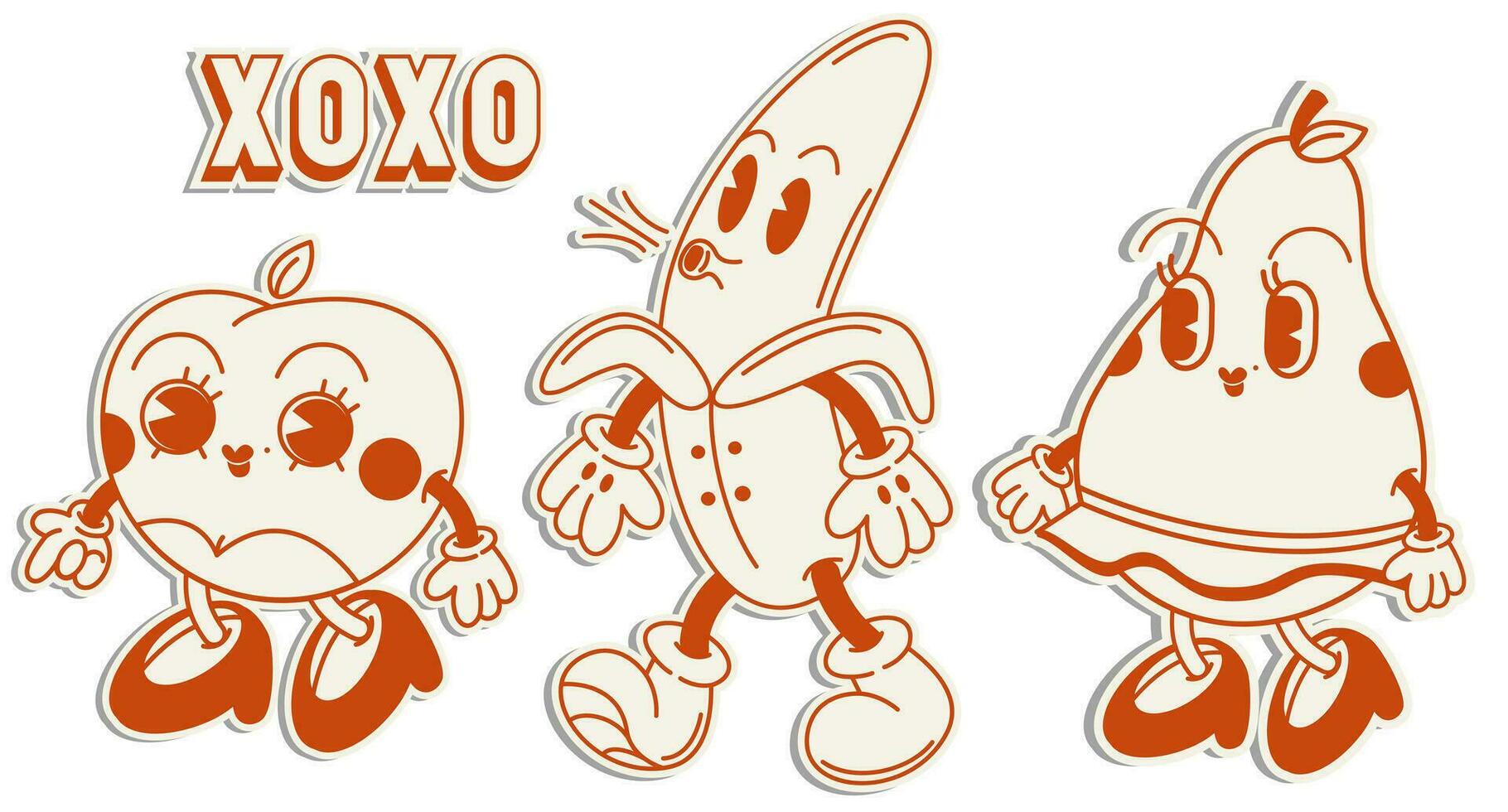 Xoxo banana pêssego pera amor triângulo retro groovy ilustração adesivos com engraçado slogan para gráfico tee t camisa ou adesivo poster - vetor. vetor ilustração