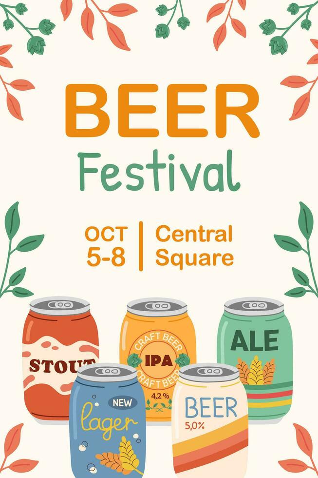 publicidade modelo para Cerveja festival celebração. colori mão desenhado poster com diferente Cerveja tipos dentro alumínio latas. vetor