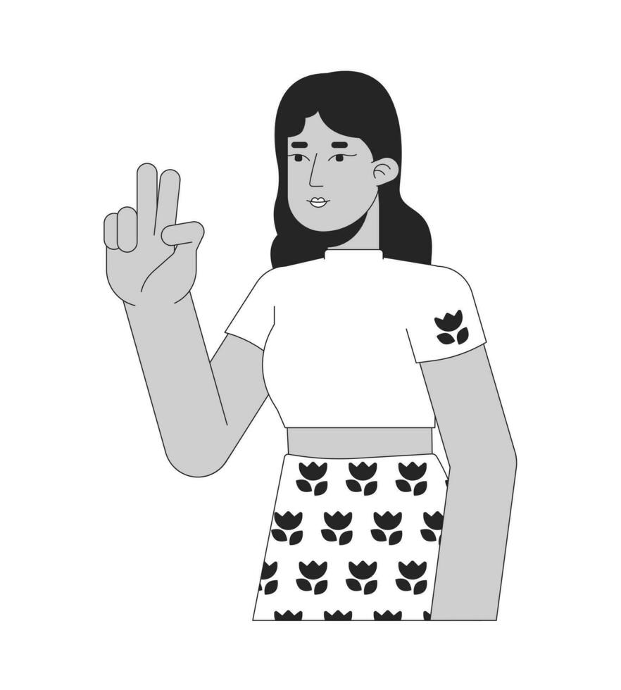 latina jovem adulto com dois dedos acima Preto e branco 2d linha desenho animado personagem. hispânico senhora selfie levando isolado vetor esboço pessoa. não-verbal gesto monocromático plano local ilustração