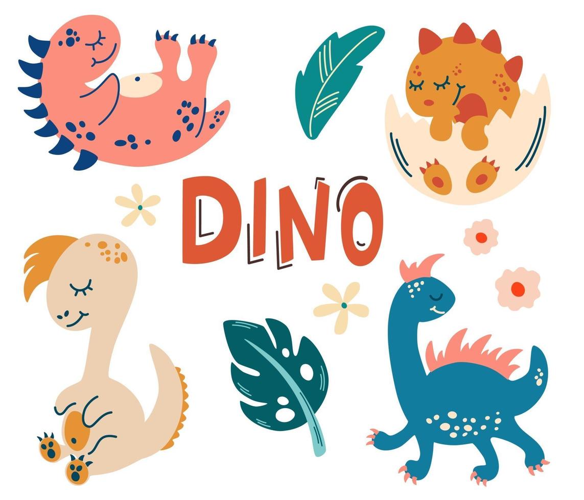 definido com dinossauros fofos. animais fofos do bebê. réptil. vetor