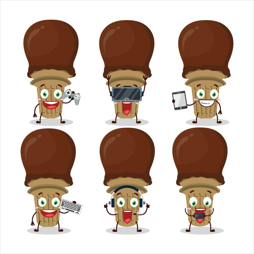 gelo creme chocolate desenho animado personagem estão jogando jogos com vários fofa emoticons vetor