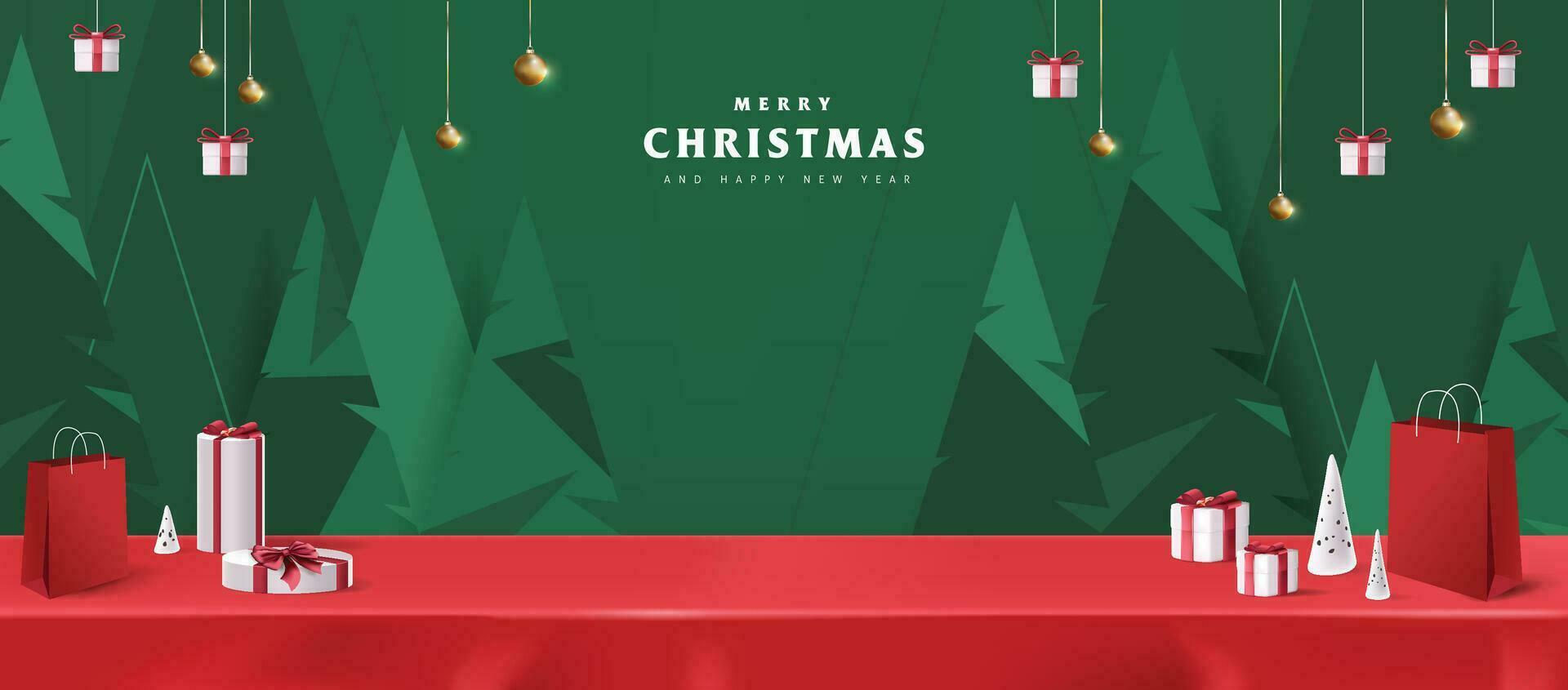 alegre Natal bandeira vermelho toalha de mesa produtos exibição com cópia de espaço e presente caixa decorar Natal árvore abstrato fundo vetor