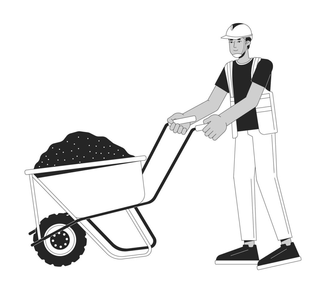 construção trabalhador transportando concreto em carrinho de mão desenho animado plano ilustração. capacete de segurança contratante empurrando carrinho 2d lineart personagem isolado. construção monocromático cena vetor esboço imagem