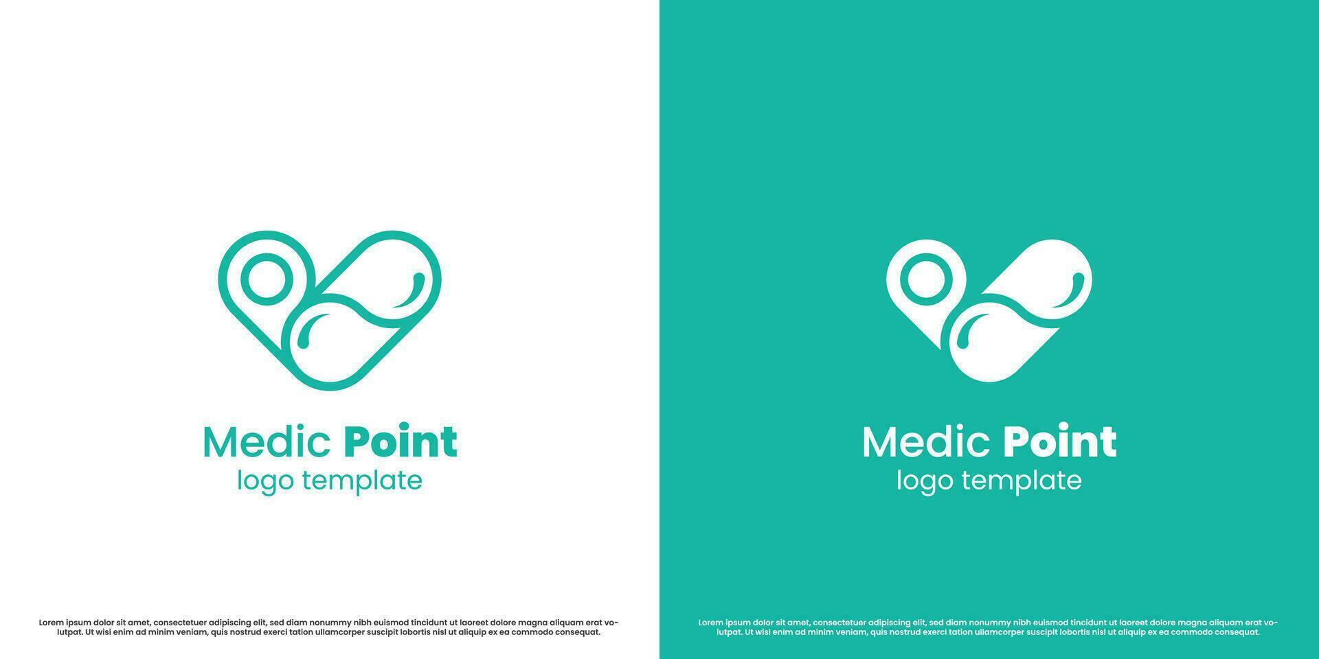 comprimido ponto mapa remédio logotipo Projeto ilustração. GPS silhueta do saúde tratamento Lugar, colocar farmacia farmacia hospital clínica cirurgia Cuidado. simples abstrato minimalista moderno sutil geométrico ícone. vetor