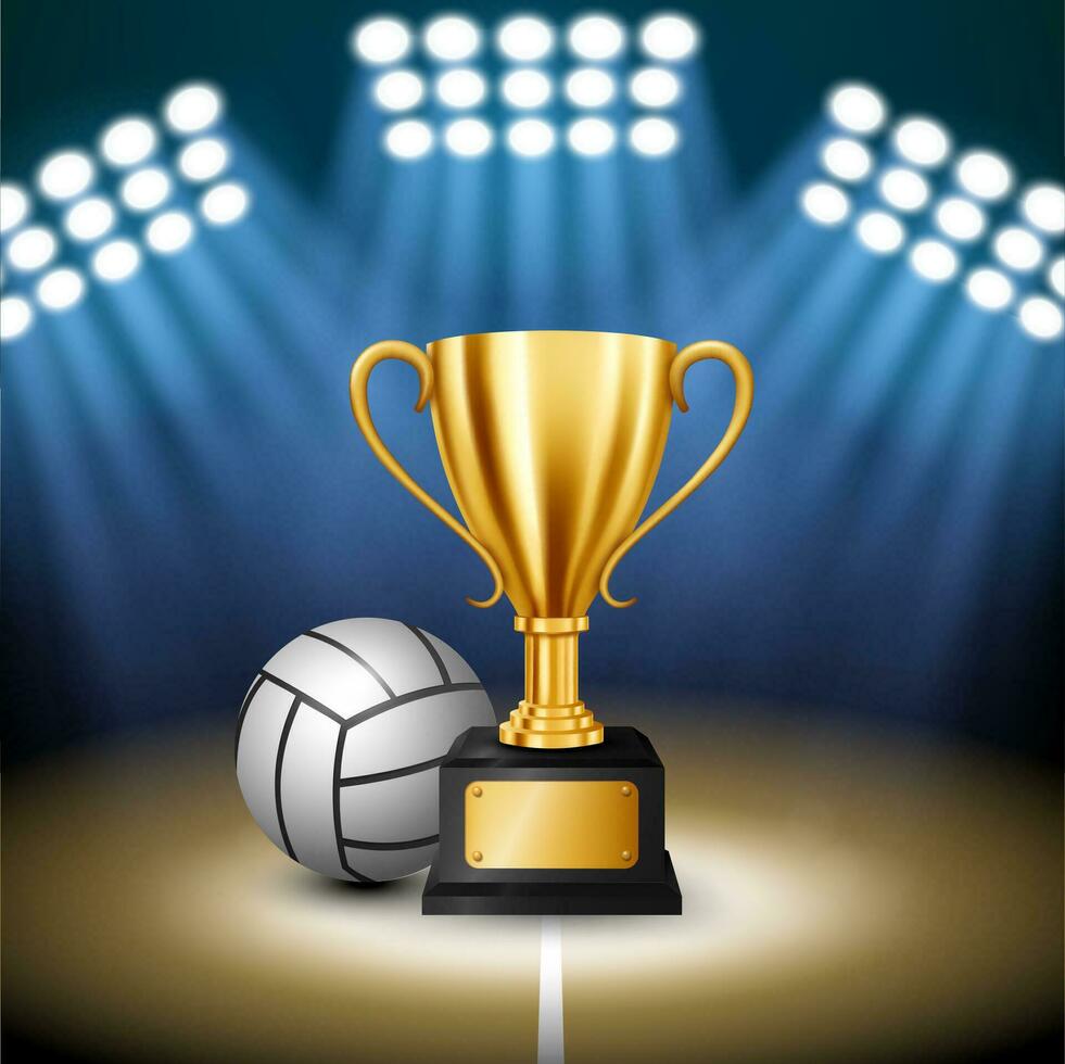 voleibol campeonato com dourado troféu e voleibol com iluminado Holofote, vetor ilustração
