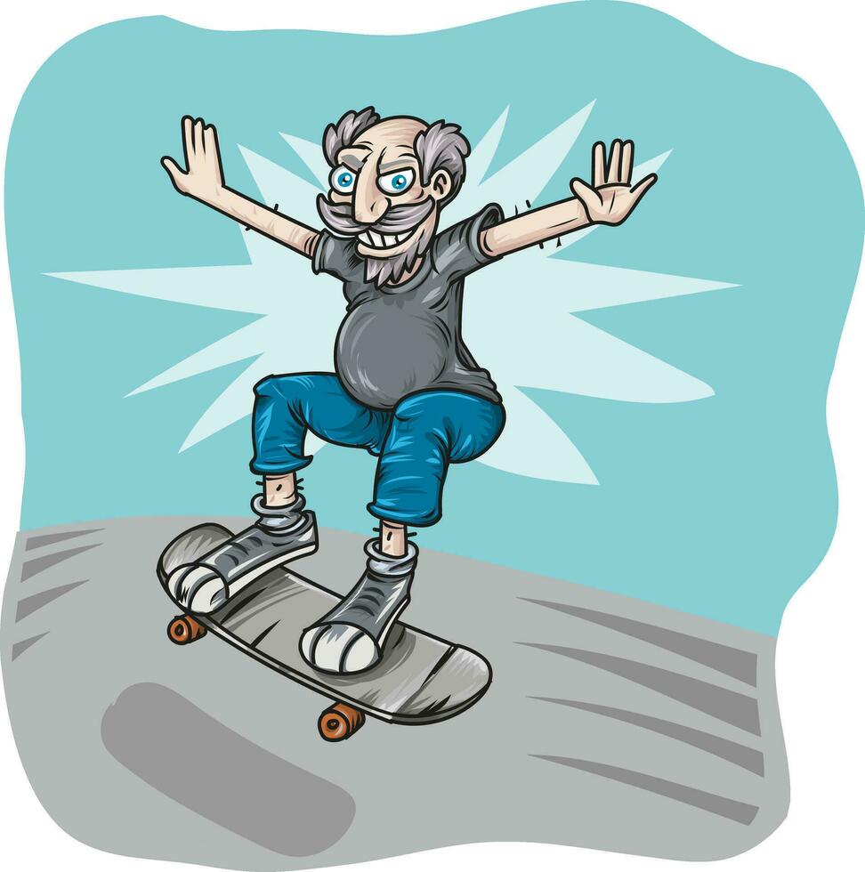 louco velho avô skate desenho animado. em fundo. vetor ilustração