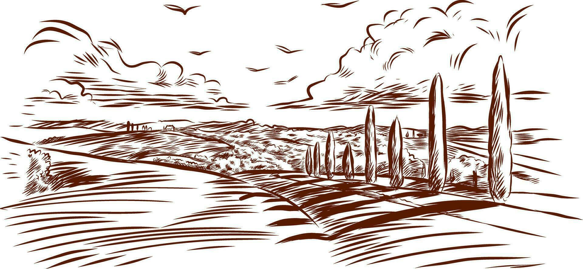 rural panorama panorâmico . mão desenhado ilustração dentro gravação estilo. vetor