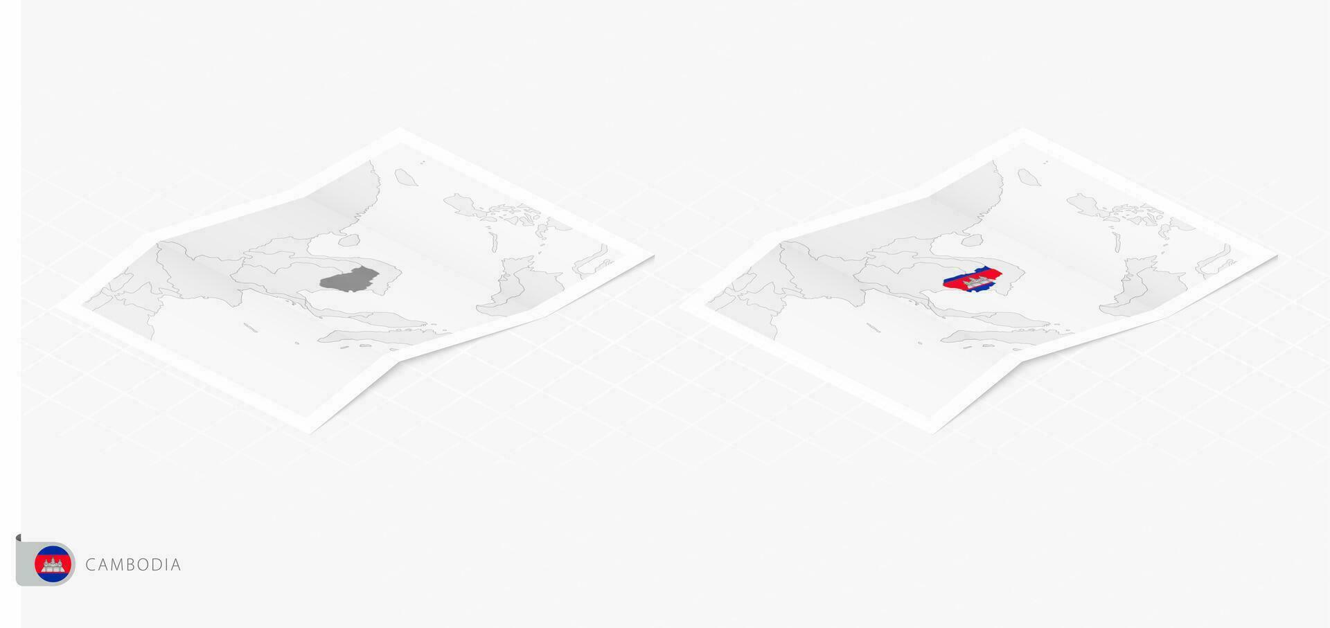 conjunto do dois realista mapa do Camboja com sombra. a bandeira e mapa do Camboja dentro isométrico estilo. vetor