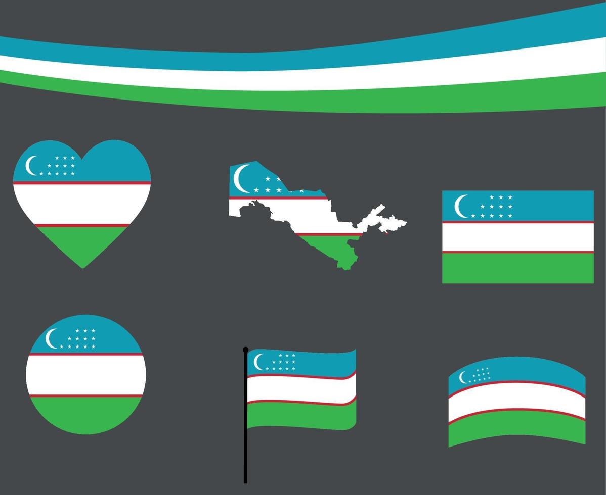 Bandeira do uzbequistão mapa de fita e ícones de coração vetor abstrato