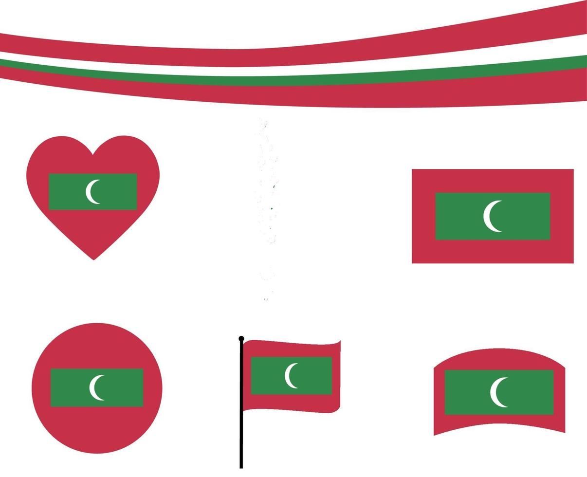 bandeira das Maldivas mapa fita e ícones de coração vetor abstrato