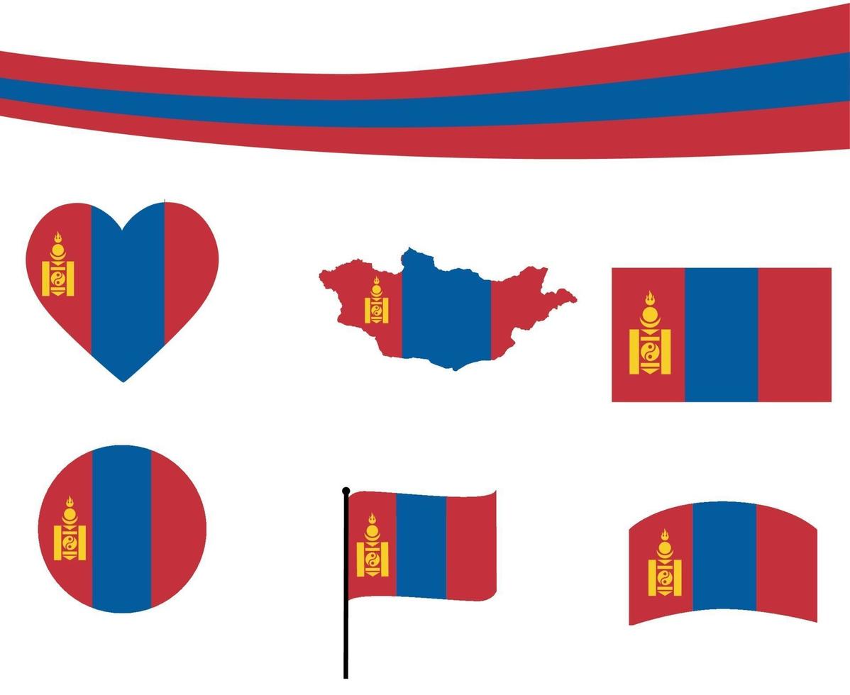 Bandeira da Mongólia, fita do mapa e ícones do coração, vetor abstrato