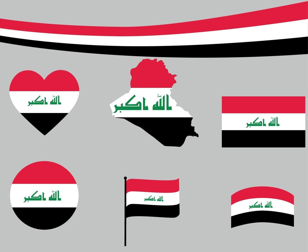 Fita do mapa da bandeira do Iraque e ícones de coração vetoriais abstratos vetor