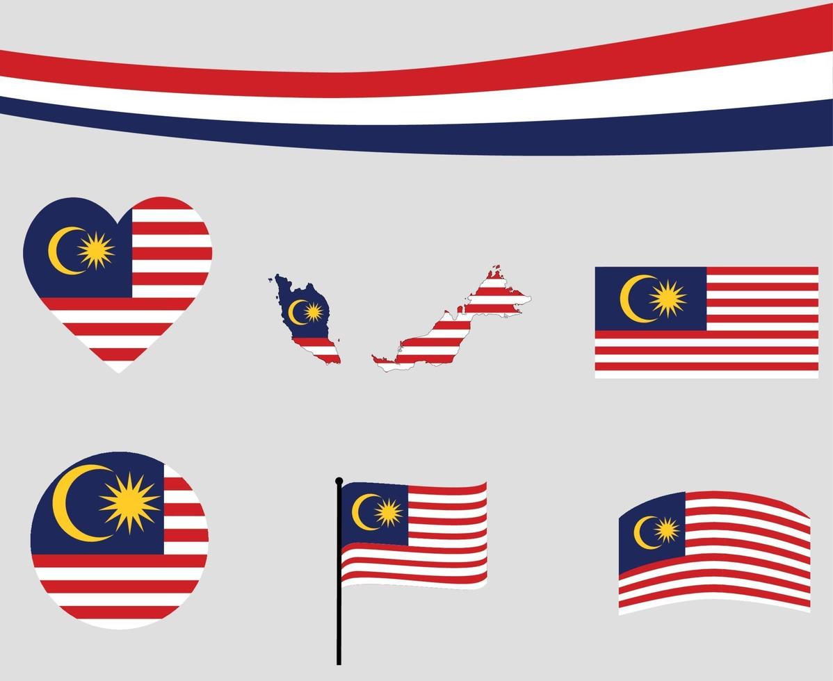 bandeira da malásia mapa fita e ícones de coração vetor abstrato