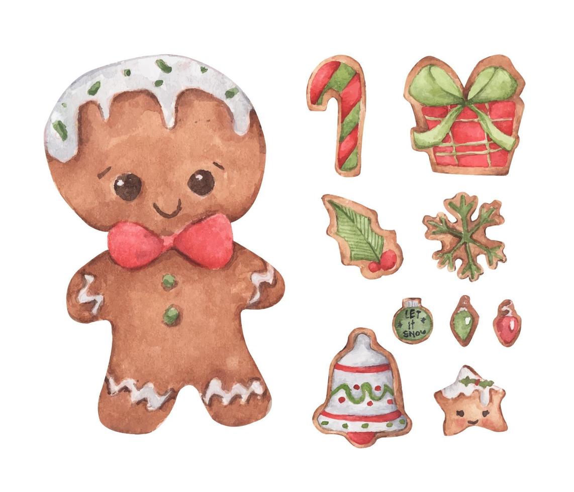 conjunto de biscoitos bonitos de gengibre. cartão de Natal em aquarela. vetor