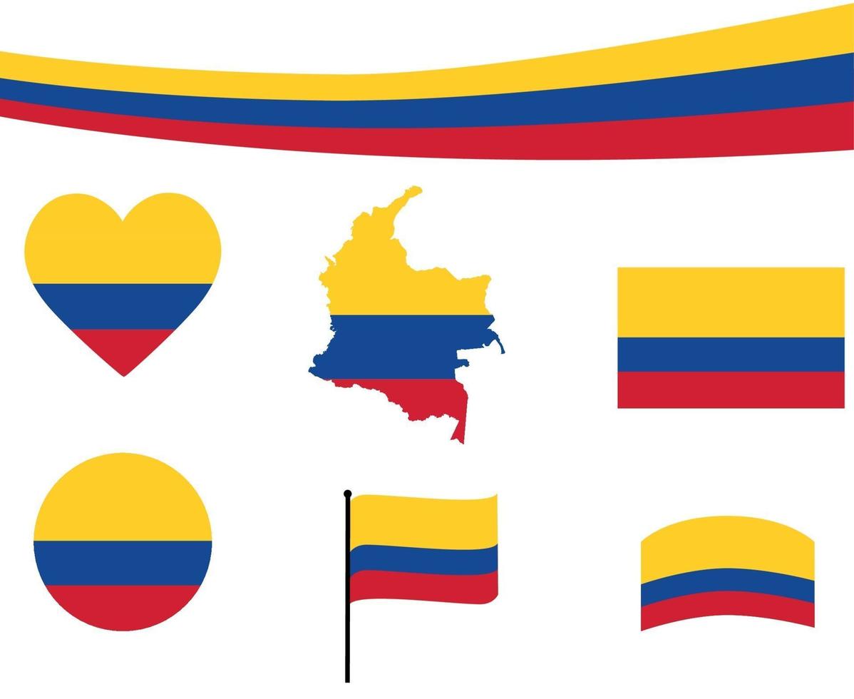 bandeira da colômbia mapa fita e ícones de coração ilustração vetorial resumo vetor