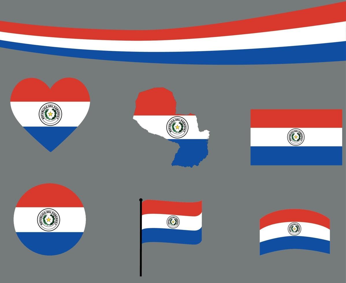Bandeira do Paraguai mapa fita e ícones de coração ilustração vetorial vetor