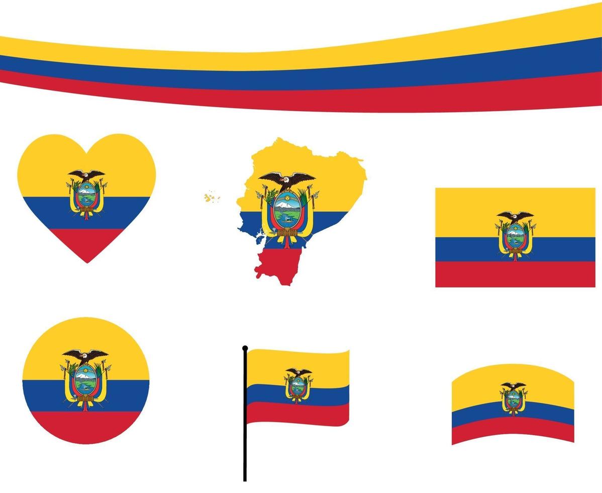 bandeira do equador mapa fita e ícones de coração ilustração vetorial resumo vetor