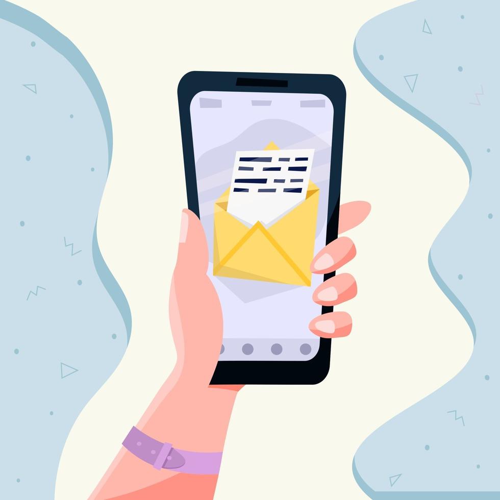 mão segurando um telefone móvel inteligente com aplicativo de e-mail. conceito de serviço de correio. vetor