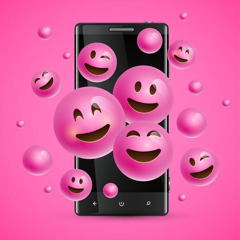 3D e diferentes tipos de emoticons com smartphone fosco, vetor illustartion