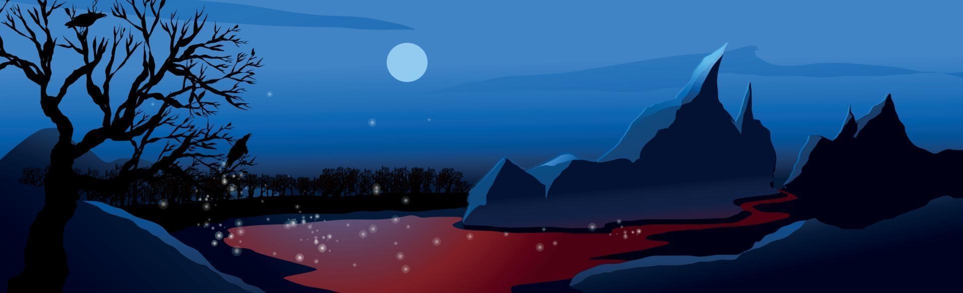 paisagem montanhosa, lua brilhando sobre o lago de montanha à noite vetor
