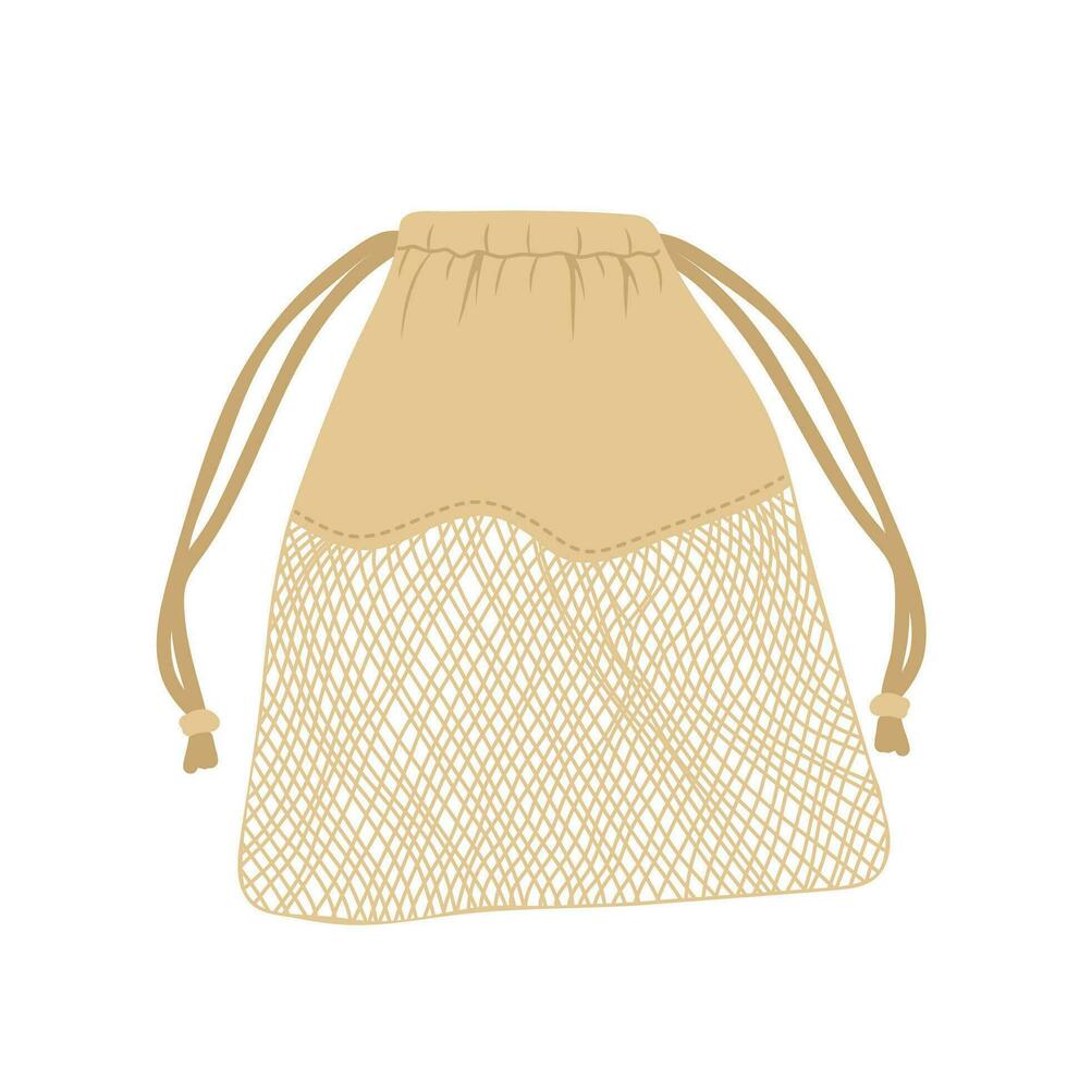 malha eco saco isolado em branco fundo. natural e biodegradável material bolsa. vetor ilustração dentro plano desenho animado estilo. eco amigáveis produtos. zero desperdício conceito. não plástico