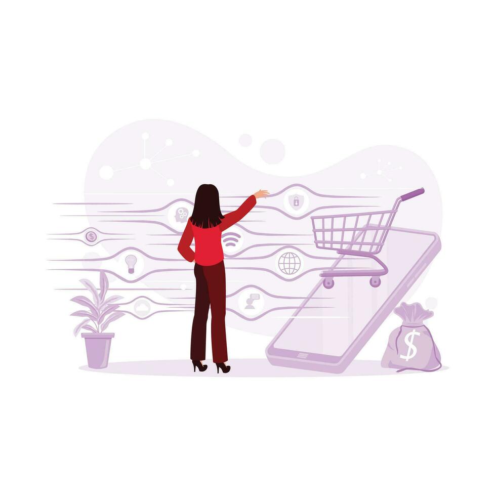 mulher usando uma tábua ou celular com uma compras carrinho ícone em a tela. conectados pagamento. digital compras conceito. tendência moderno vetor plano ilustração