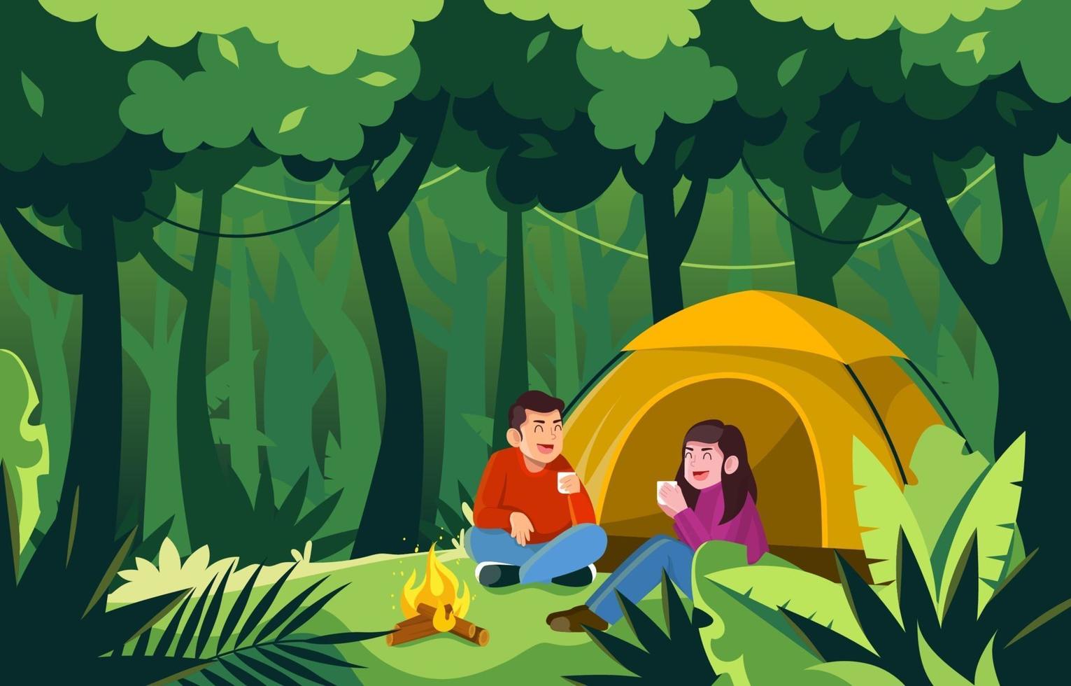 casal acampando na floresta vetor