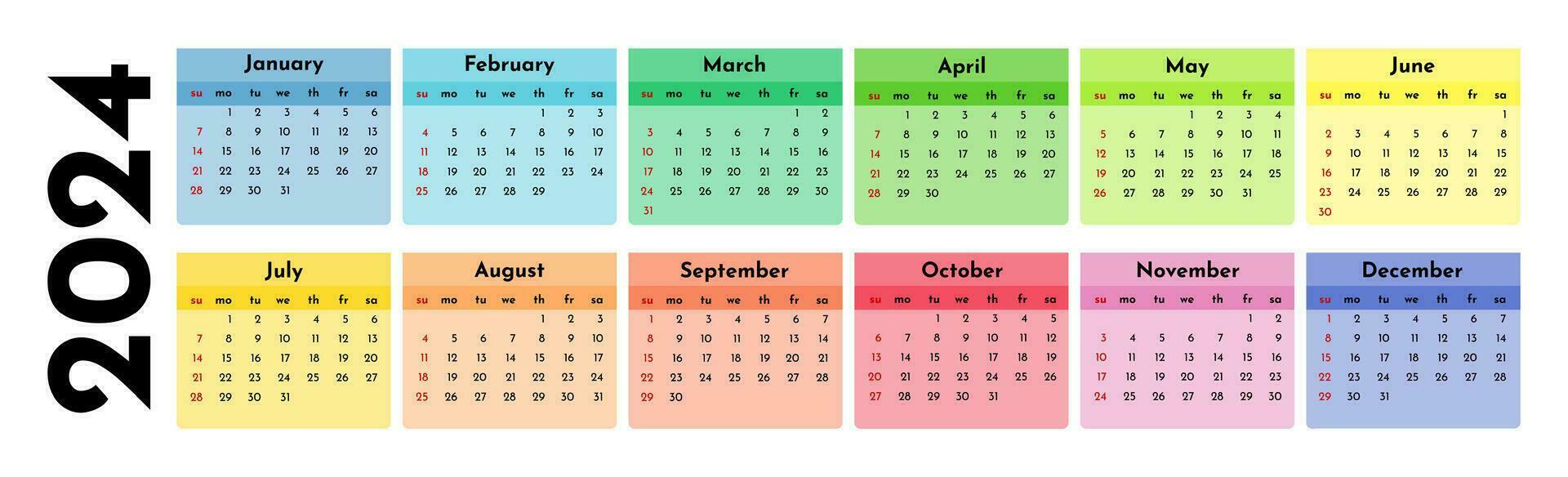 horizontal calendário para 2024 isolado em uma branco fundo. domingo para segunda-feira, o negócio modelo. vetor ilustração