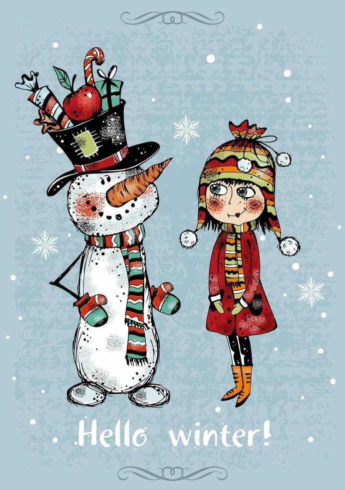 Olá inverno. Natal cartão com uma fofa menina e uma boneco de neve. vetor. vetor