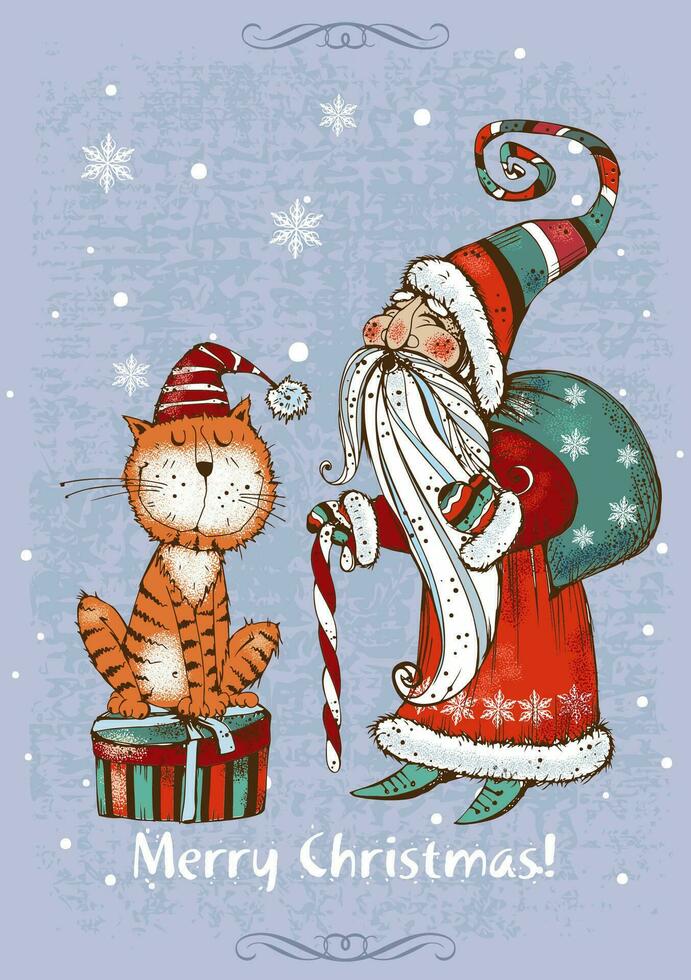 Natal cartão. santa claus e uma engraçado gato. vetor. vetor