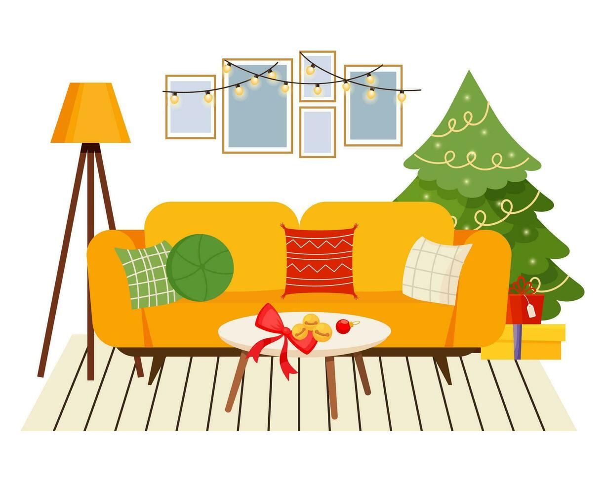 festivo interior para vivo quarto com sofá, chão lâmpada, pinturas, Natal árvore. vetor