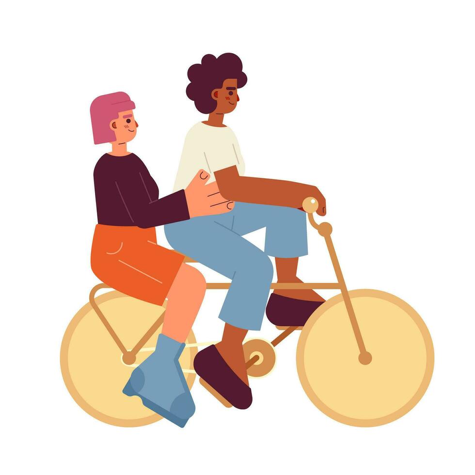 meninas equitação em bicicleta semi plano cor vetor personagens. entretenimento. amigos atividade. editável cheio corpo pessoas em branco. simples desenho animado local ilustração para rede gráfico Projeto