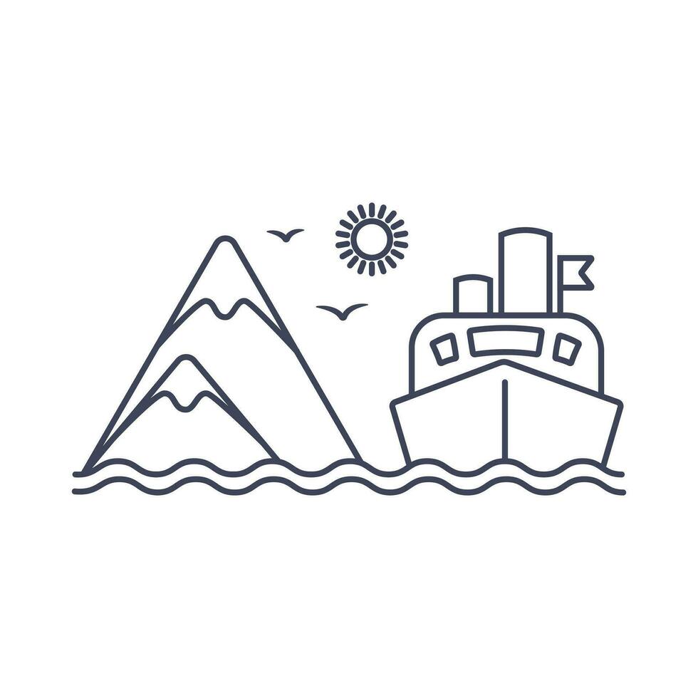 cruzeiro forro perto a ilha linear ícone, mar viagem em a enviar, montanhas em a ilha. vetor linear ilustração do isola