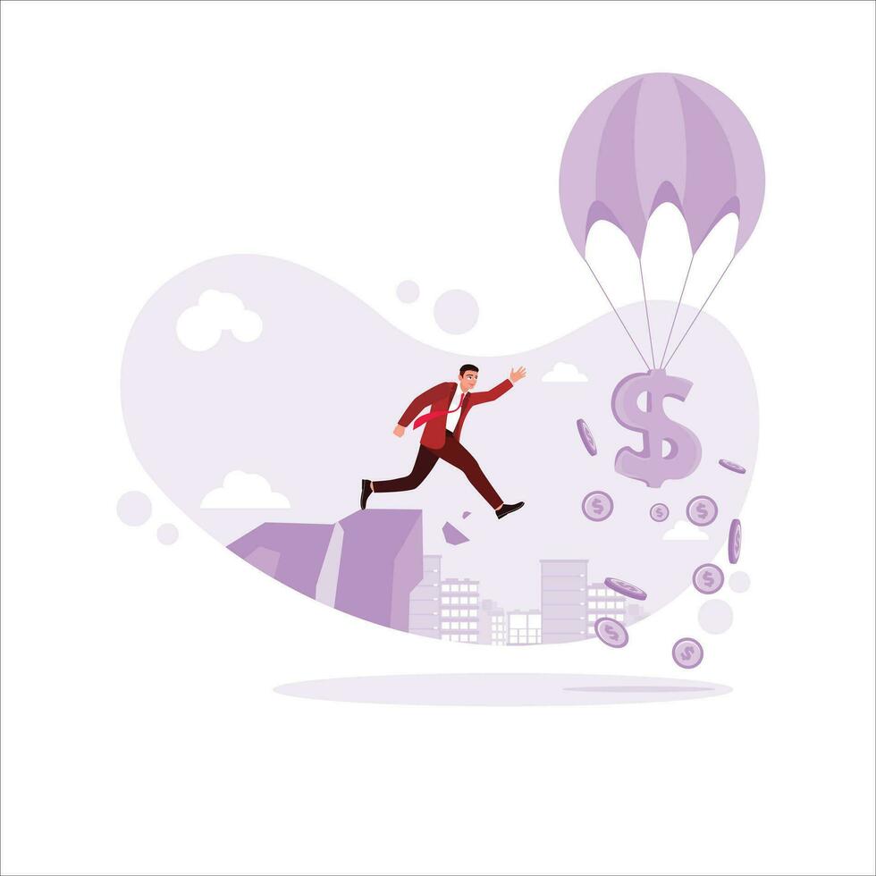 uma homem saltos fora uma penhasco para pegar uma dólar placa vôo dentro uma quente ar balão. trabalhos incansavelmente. tendência moderno vetor plano ilustração