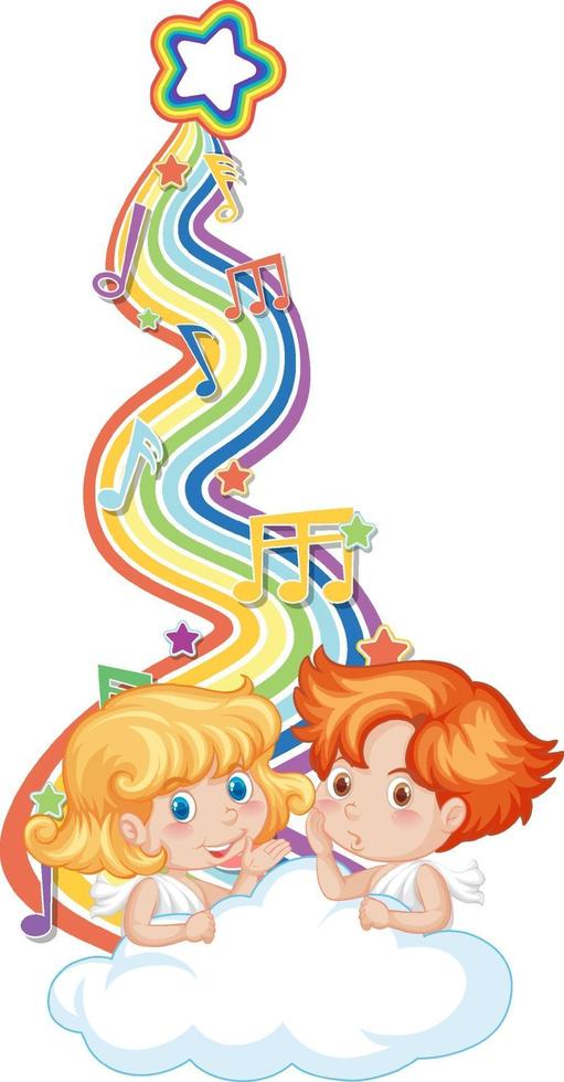 casal de cupido com símbolos de melodia na onda do arco-íris vetor