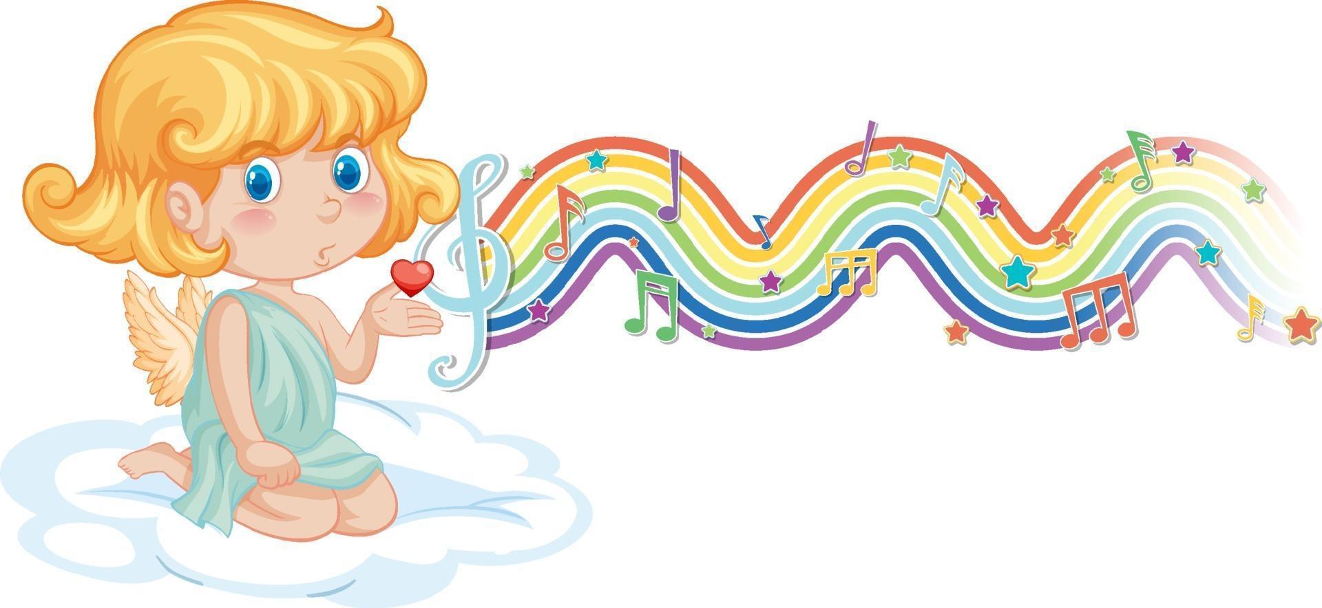 garota cupido com símbolos de melodia na onda do arco-íris vetor