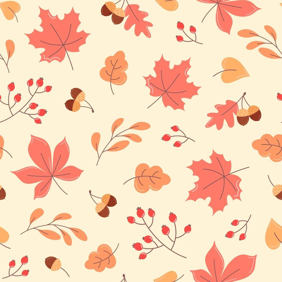 Outono sem costura padrão de folhas de laranja, bolotas e ramos vetor