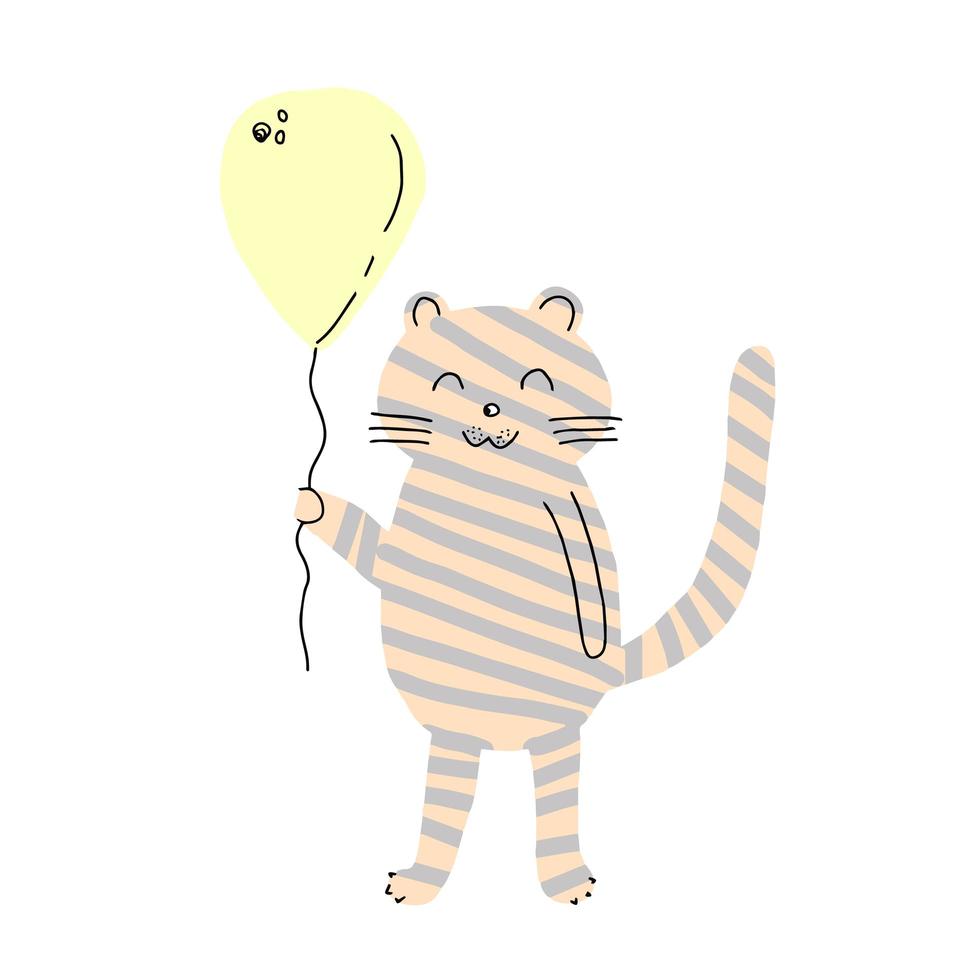 desenhado à mão tigre bonito flutuando com o mascote dos desenhos animados de balão. vetor