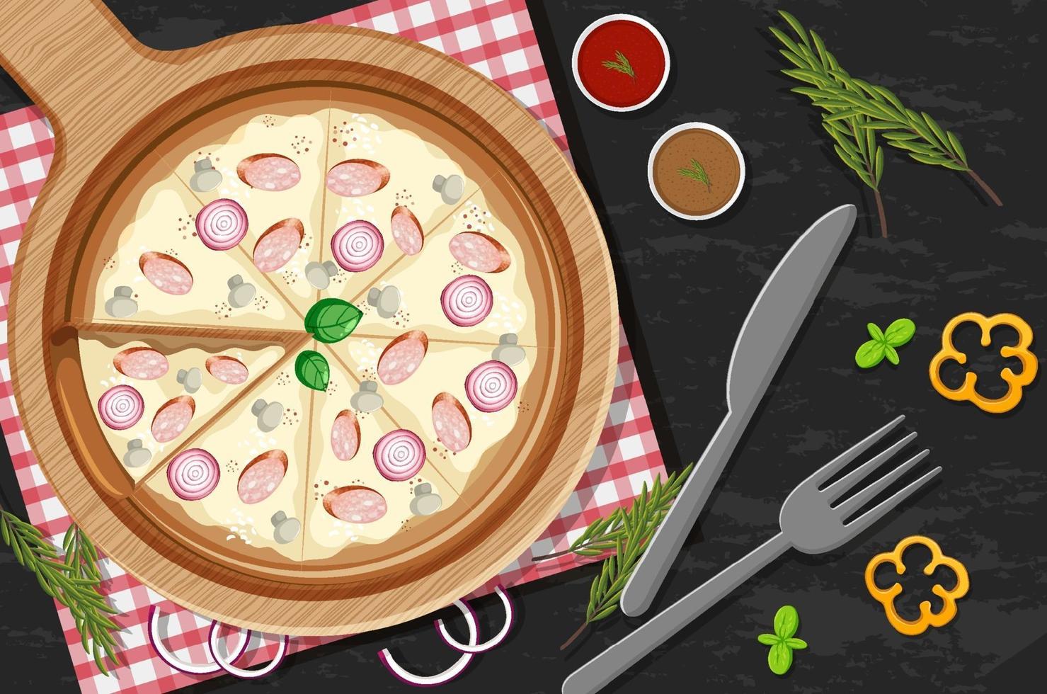 vista de cima de uma pizza inteira com cobertura de cebola e cogumelos na mesa vetor