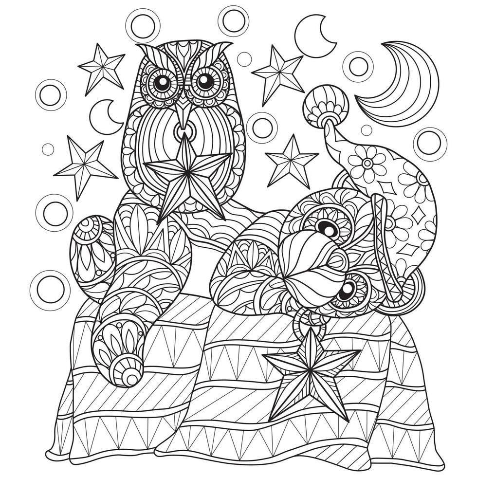 Ursinho de pelúcia e coruja dormindo à mão desenhada para livro de colorir adulto vetor
