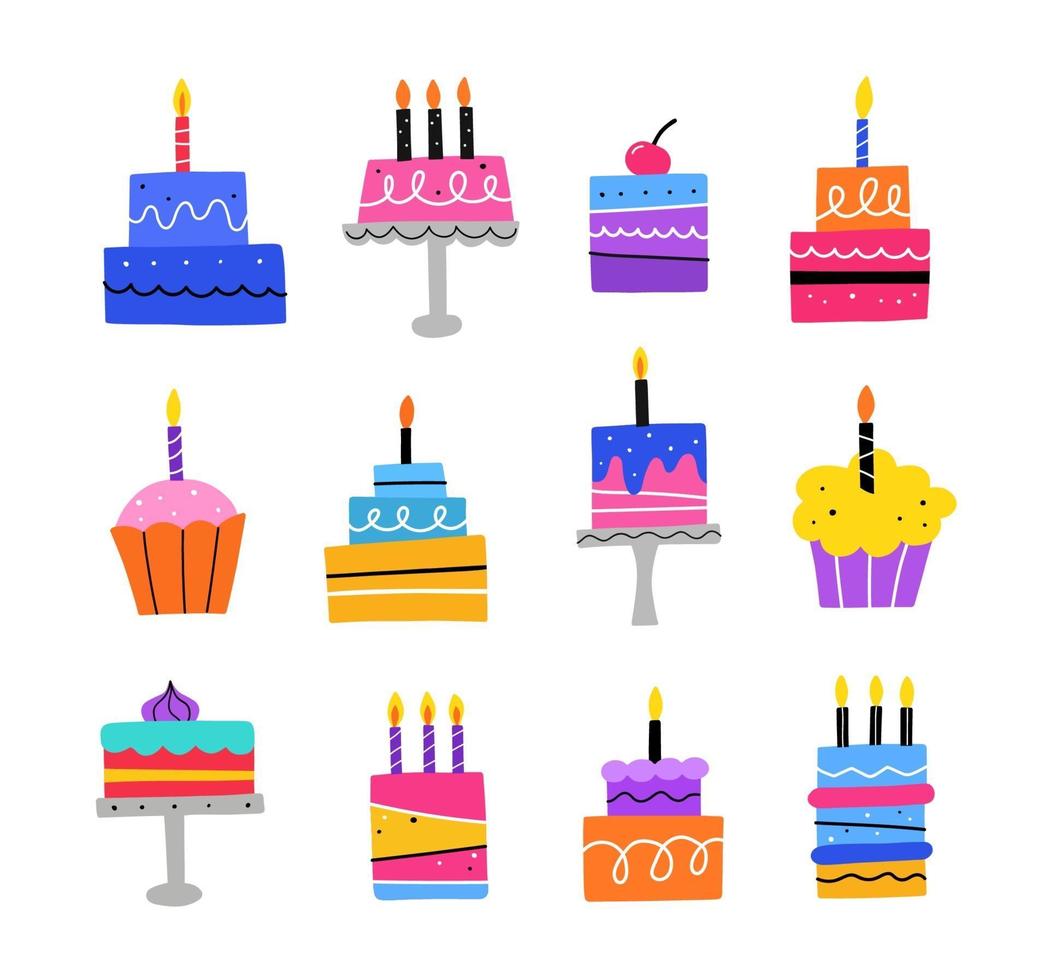 conjunto de bolos de aniversário com velas. mão desenhada ilustração vetorial plana. vetor
