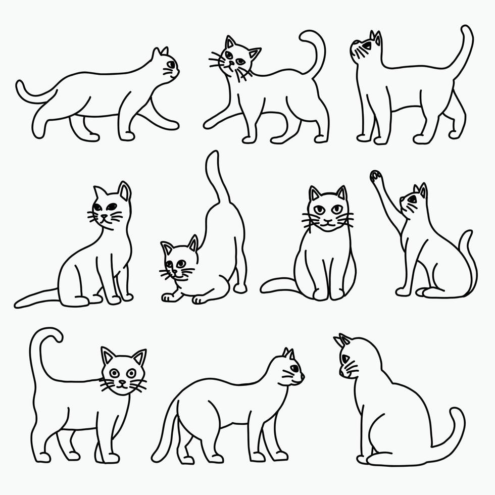 doodle desenho de esboço à mão livre da coleção de pose de gato. vetor