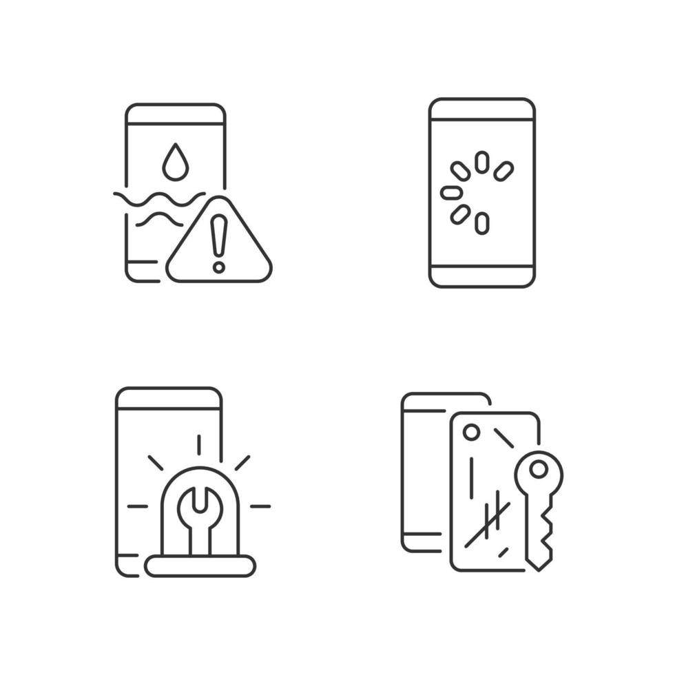 conjunto de ícones lineares de problemas usuais de telefones celulares vetor